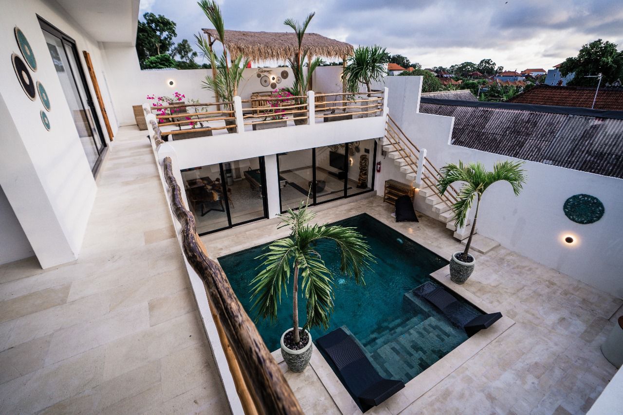 Aerial view of Villa Amazonica, its private pool and rooftop terrace in Canggu, Bali
